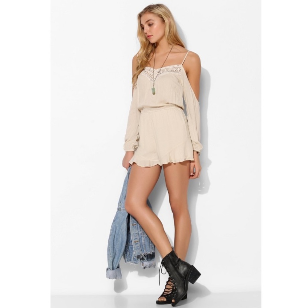 UO Ecote Off-The-Shoulder Crochet-Inset Romper